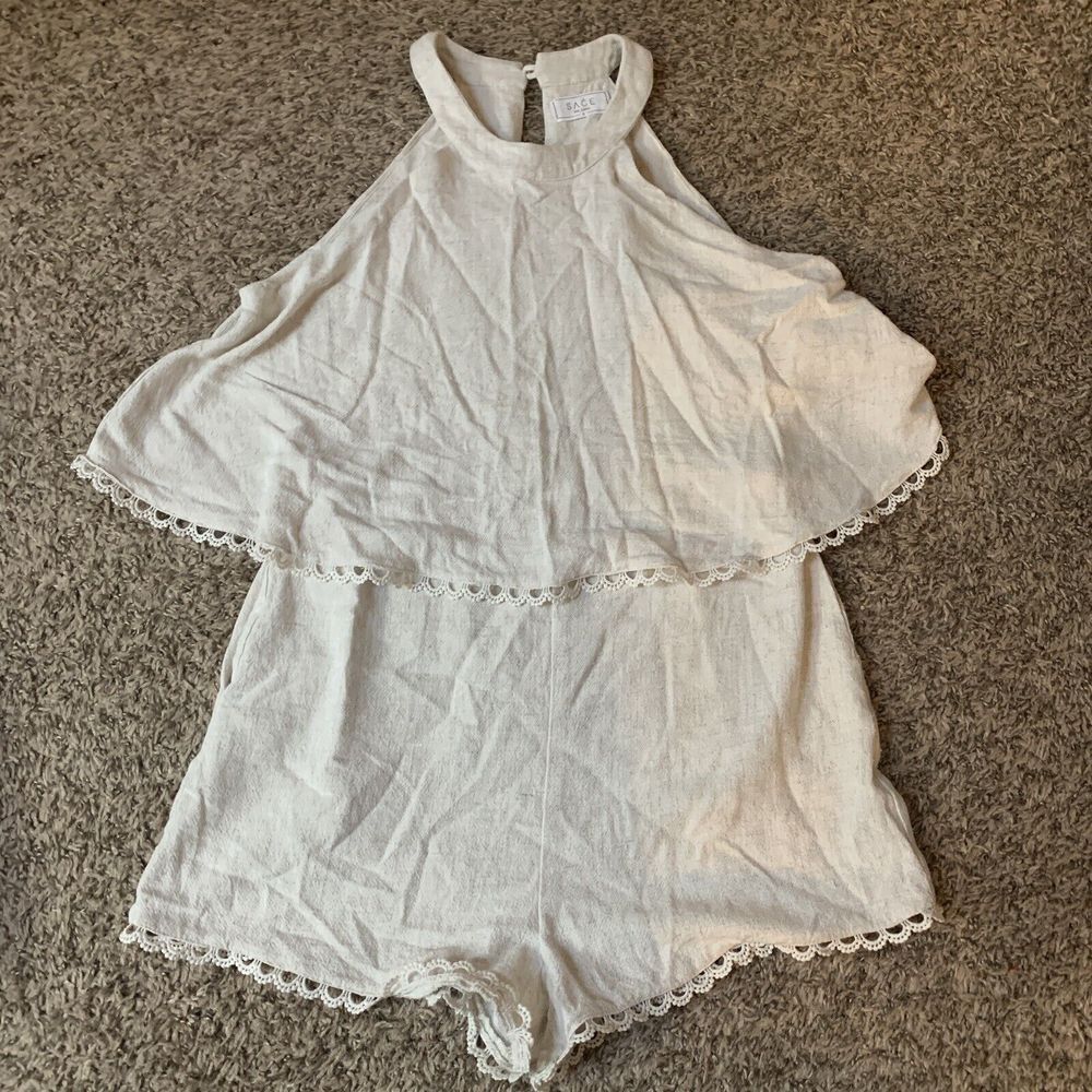 Sage The Label Women Sz S Sleeveless Romper Linen Layered Look High Neck Pockets - Picture 5 of 7